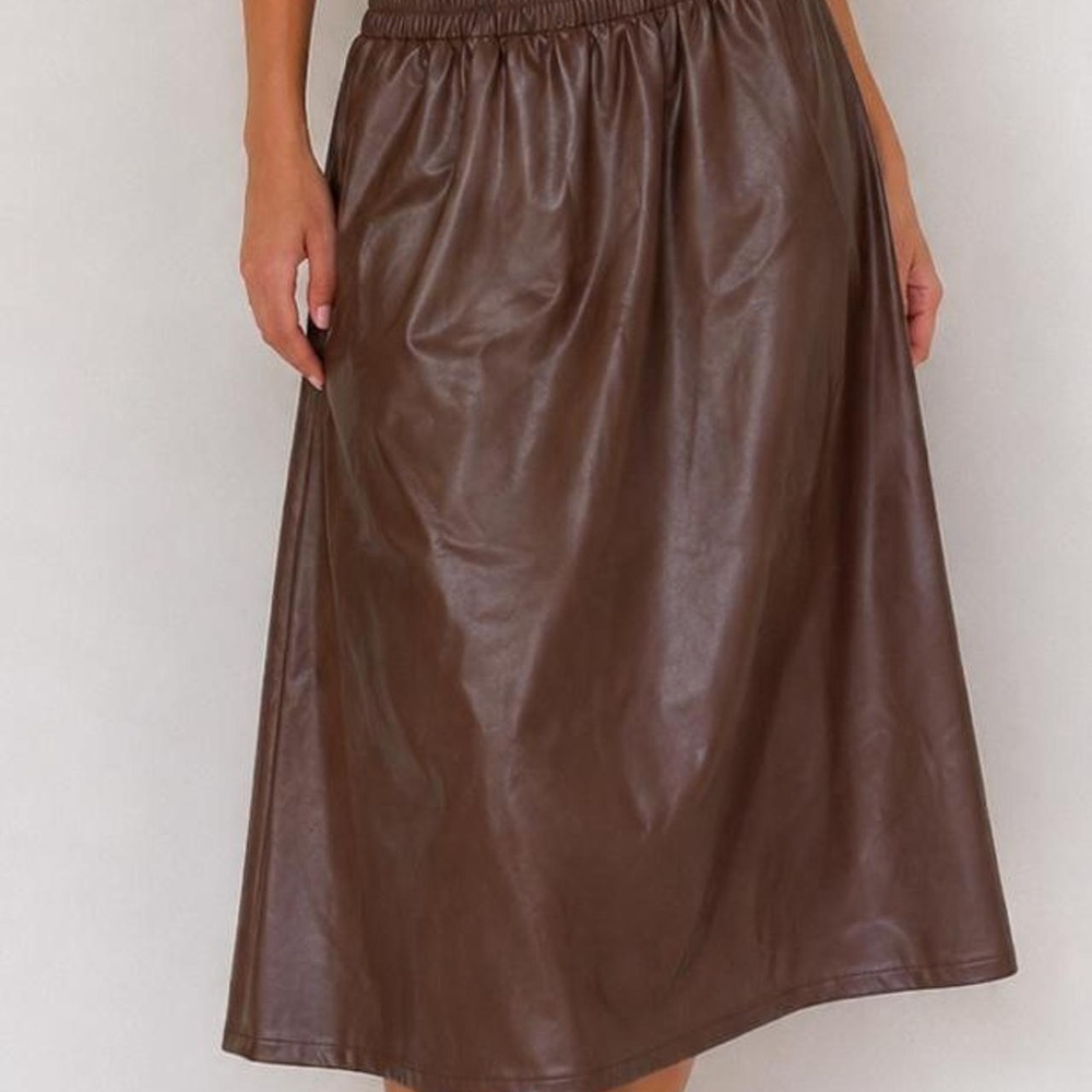 Chocolate brown faux leather midi skirt